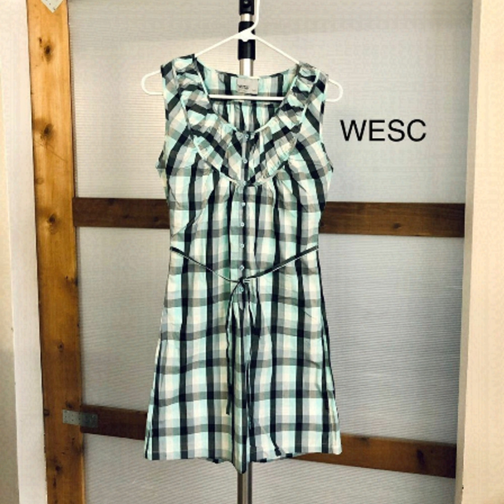 WeSC Palau Wovenβ Dress Small Teal Black White Plaid Ruffle V-Neck Cotton